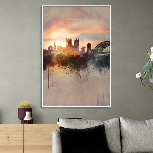 Durham Skyline at Sunset Living Room - White Canvas Wall Art