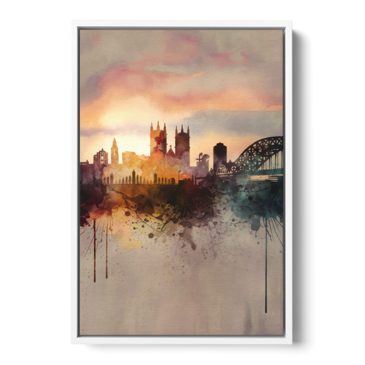 Durham Skyline at Sunset - White Framed Canvas Wall Art - Front