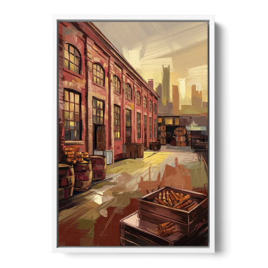 Durham Tobacco Warehouse Charm - White Framed Canvas Wall Art - Front