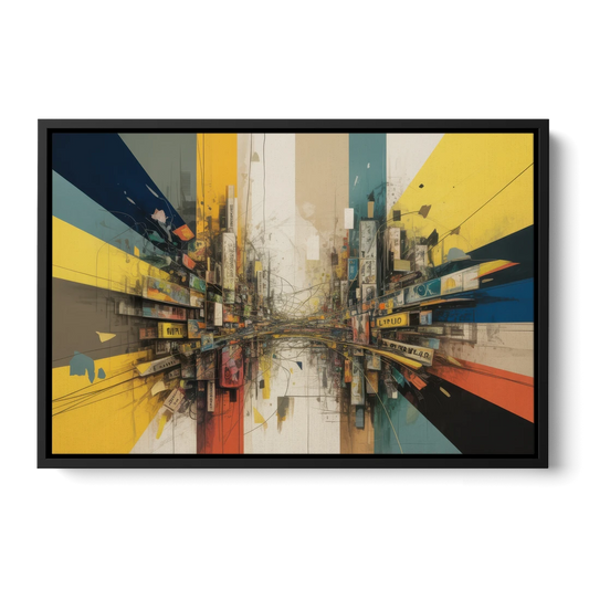 Dynamic City Layers Yellow Abstract - Black Framed Canvas Wall Art - Front