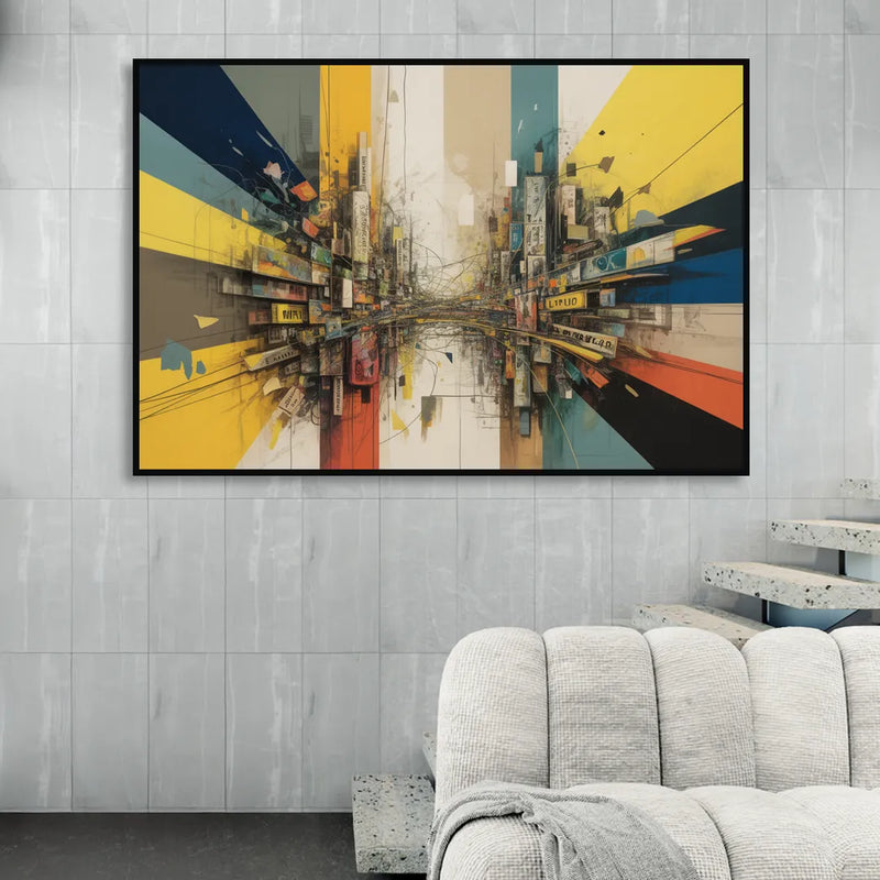 Dynamic City Layers Yellow Abstract Living Room - Black Canvas Wall Art