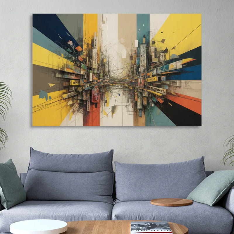 Dynamic City Layers Yellow Abstract Sitting Room - Canvas Wall Art