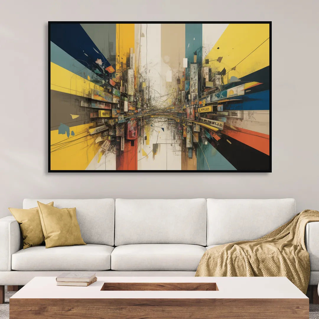 Dynamic City Layers Yellow Abstract Sitting Room - Black Canvas Wall Art