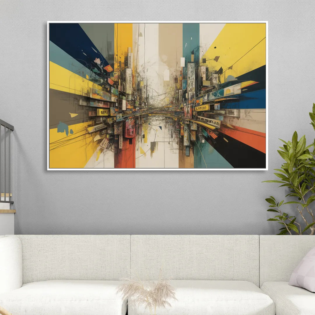 Dynamic City Layers Yellow Abstract Living Room - White Canvas Wall Art