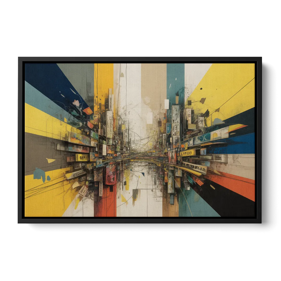 Dynamic City Layers Yellow Abstract - Black Frame Canvas