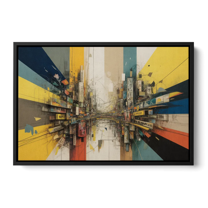Dynamic City Layers Yellow Abstract - Black Frame Canvas