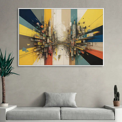 Dynamic City Layers Yellow Abstract Sitting Room - White Canvas Wall Art