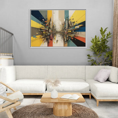 Dynamic City Layers Yellow Abstract - Living Room White Frame Canvas