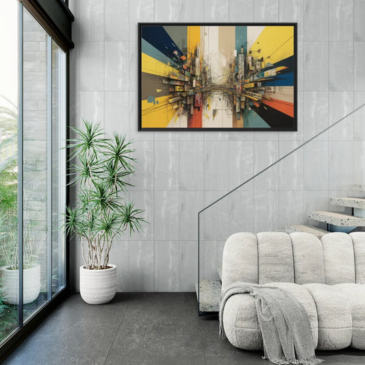 Dynamic City Layers Yellow Abstract - Living Room Black Frame Canvas