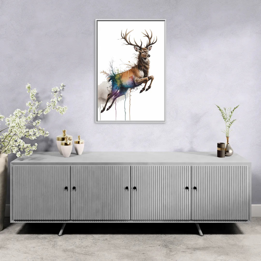 Dynamic Deer Leap - Living Room White Frame Canvas