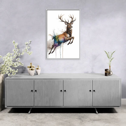 Dynamic Deer Leap - Living Room White Frame Canvas