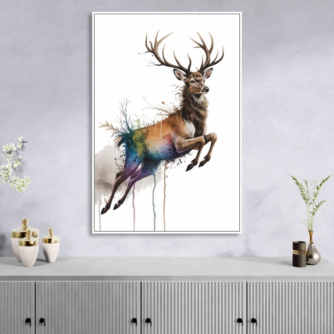 Dynamic Deer Leap Living Room - White Canvas Wall Art