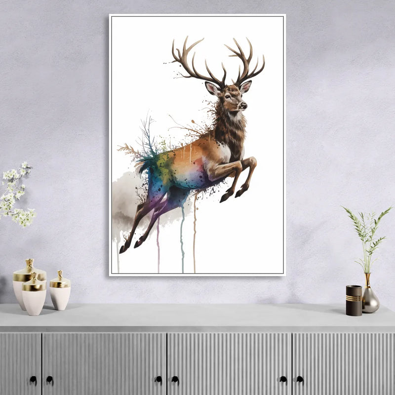 Dynamic Deer Leap Living Room - White Canvas Wall Art