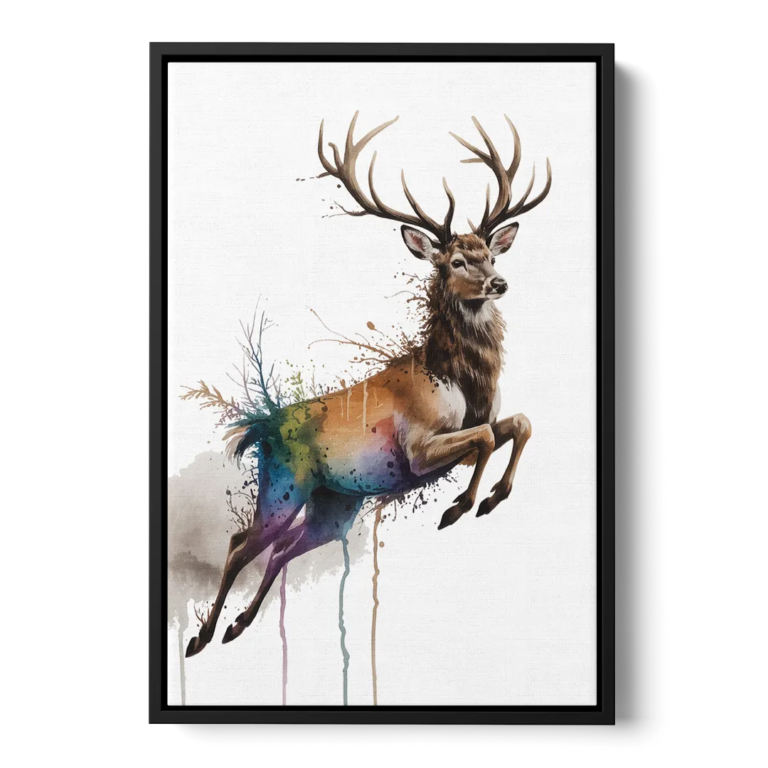 Dynamic Deer Leap Front - Black Canvas Wall Art