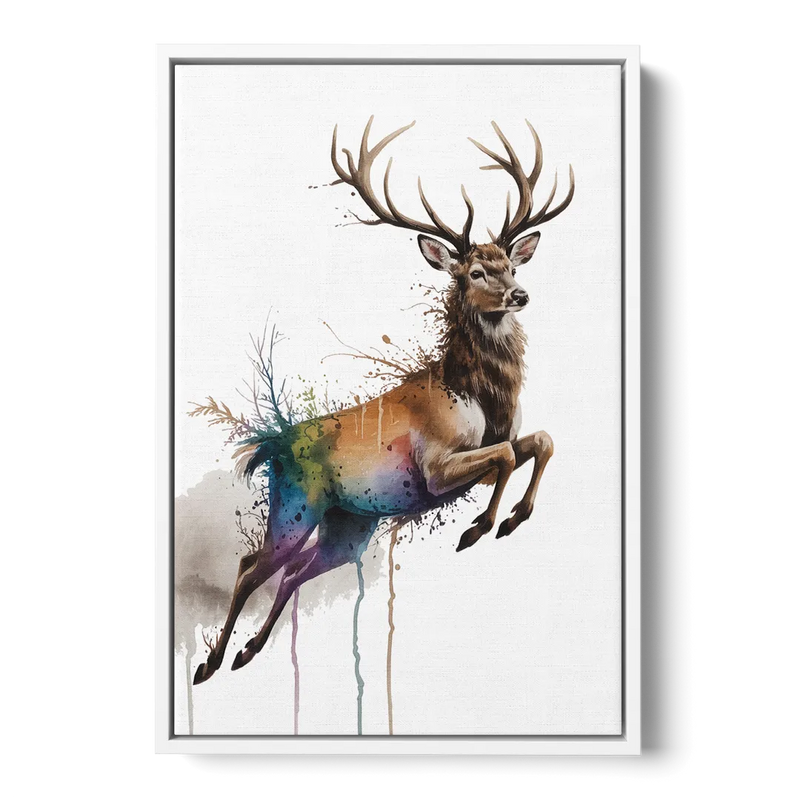Dynamic Deer Leap Front - White Canvas Wall Art