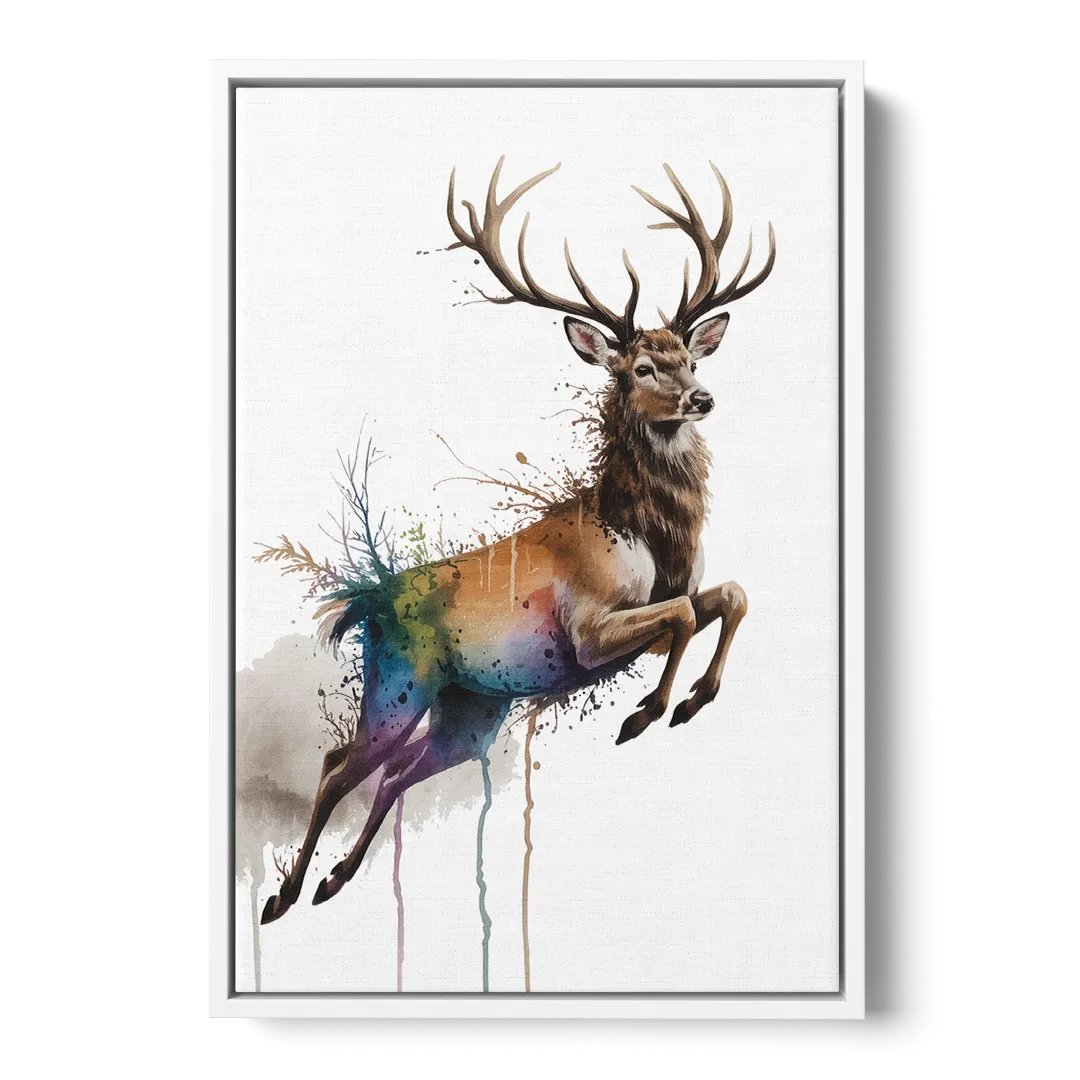 Dynamic Deer Leap - White Frame Canvas