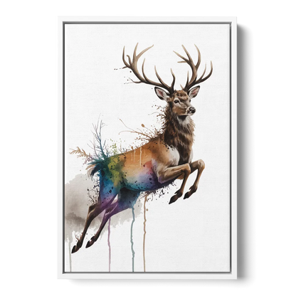 Dynamic Deer Leap - White Frame Canvas