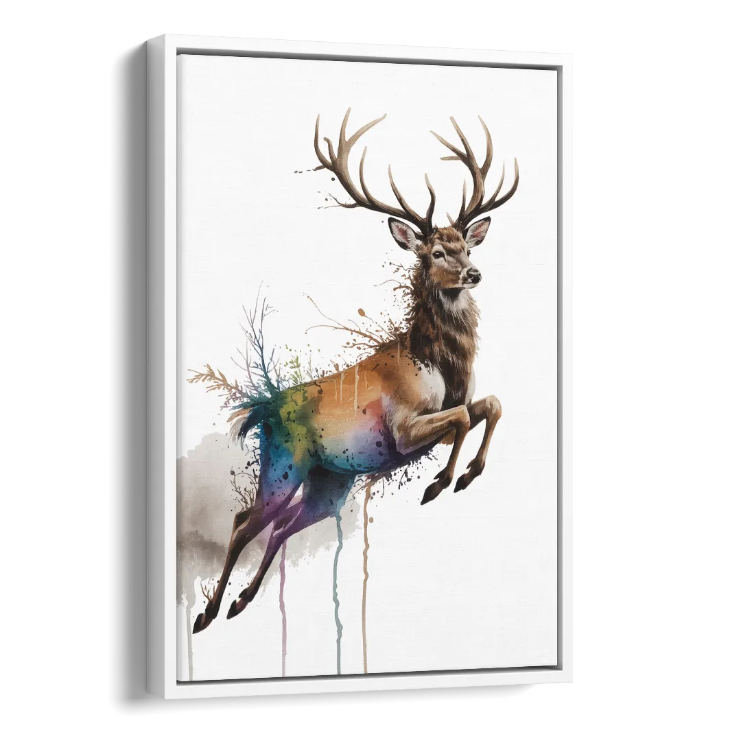 Dynamic Deer Leap Side - White Canvas Wall Art