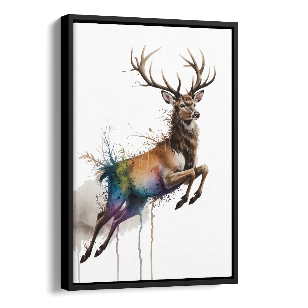 Dynamic Deer Leap Side - Black Canvas Wall Art