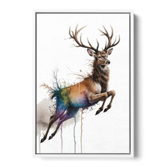 Dynamic Deer Leap - White Framed Canvas Wall Art - Front