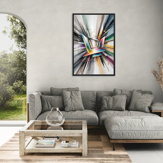 Dynamic Elegance Grey and Silver Abstract - Living Room Black Frame Canvas