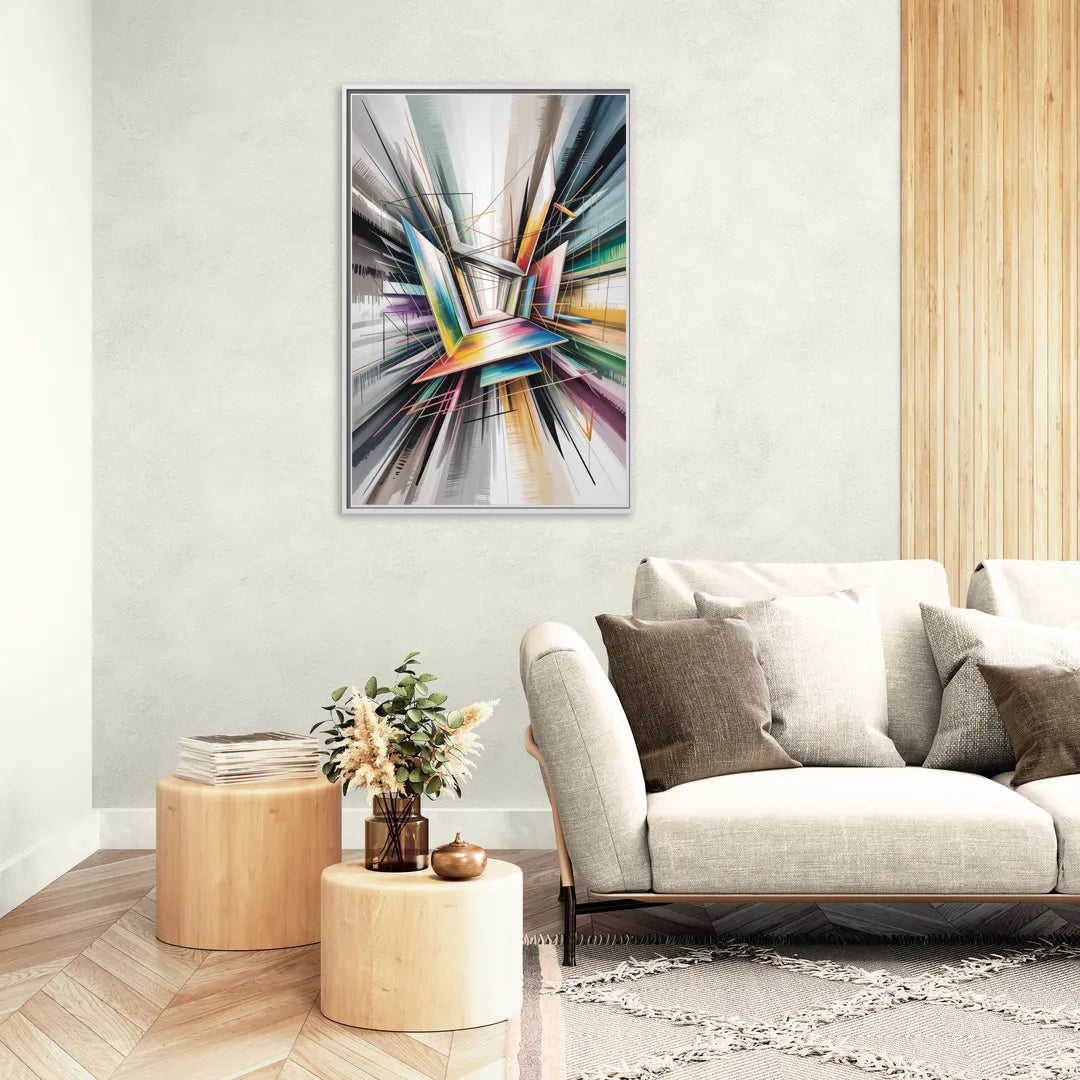 Dynamic Elegance Grey and Silver Abstract - Living Room White Frame Canvas