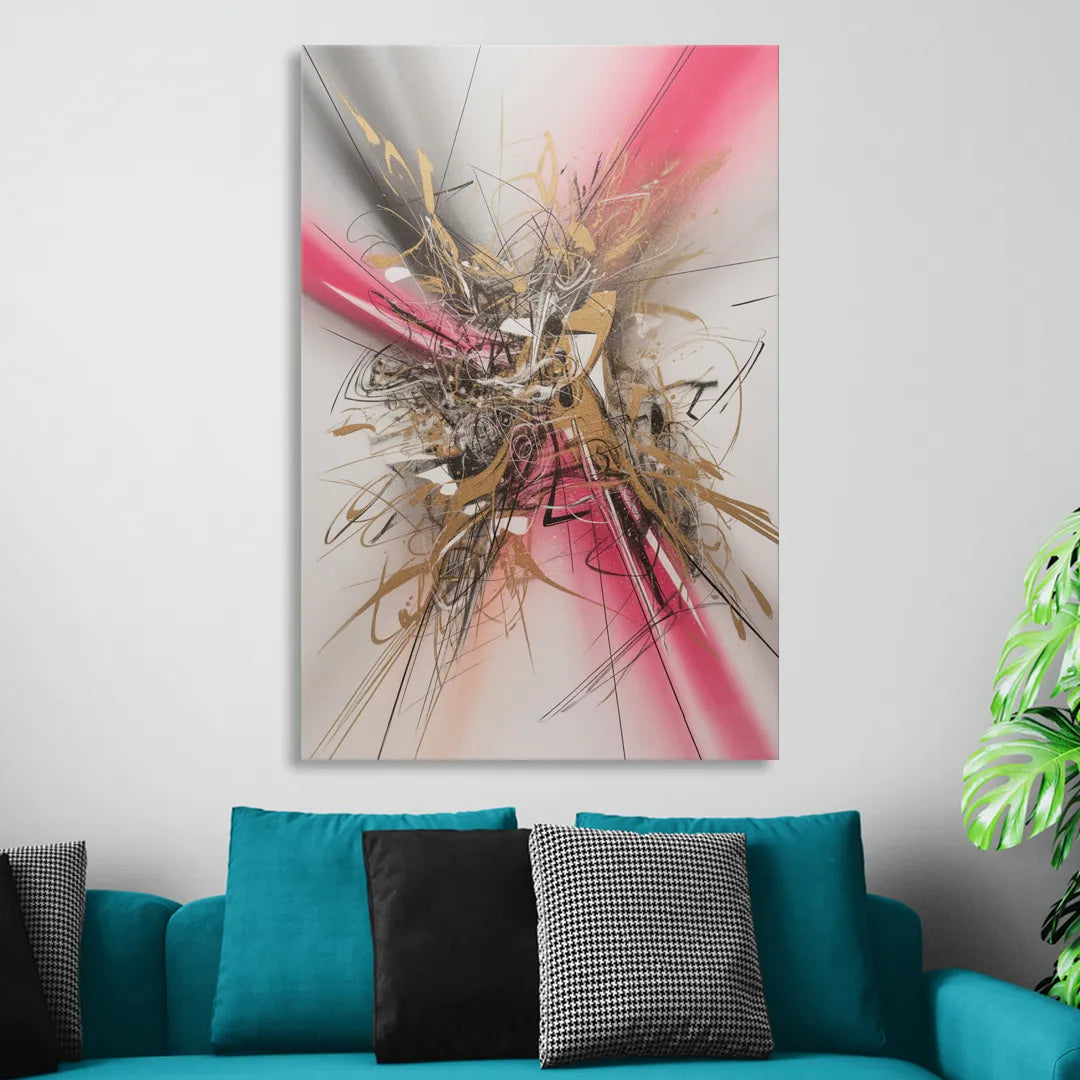 Dynamic Geometric Harmony Pink and Gold Abstract Sitting Room - Canvas Wall Art