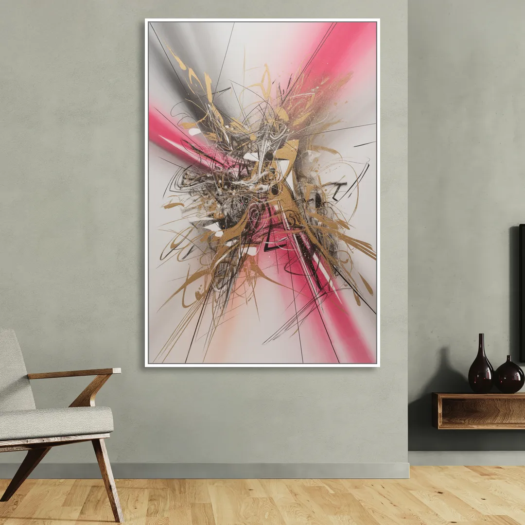 Dynamic Geometric Harmony Pink and Gold Abstract Living Room - White Canvas Wall Art