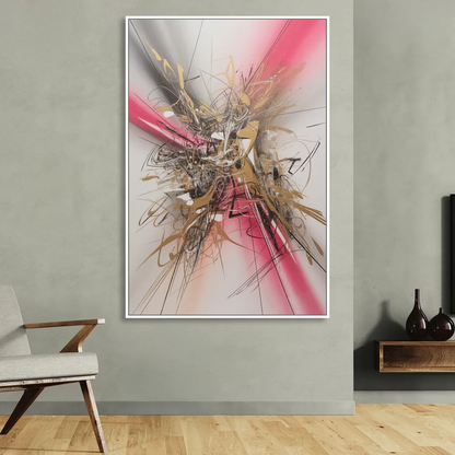Dynamic Geometric Harmony Pink and Gold Abstract Living Room - White Canvas Wall Art