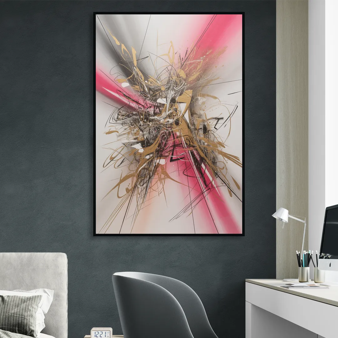 Dynamic Geometric Harmony Pink and Gold Abstract Living Room - Black Canvas Wall Art