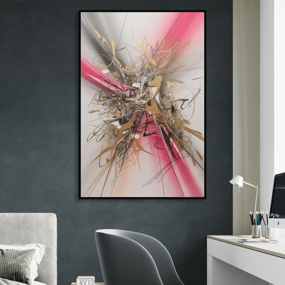 Dynamic Geometric Harmony Pink and Gold Abstract Living Room - Black Canvas Wall Art