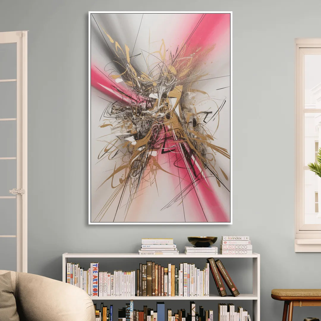 Dynamic Geometric Harmony Pink and Gold Abstract Sitting Room - White Canvas Wall Art