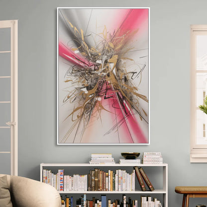 Dynamic Geometric Harmony Pink and Gold Abstract Sitting Room - White Canvas Wall Art