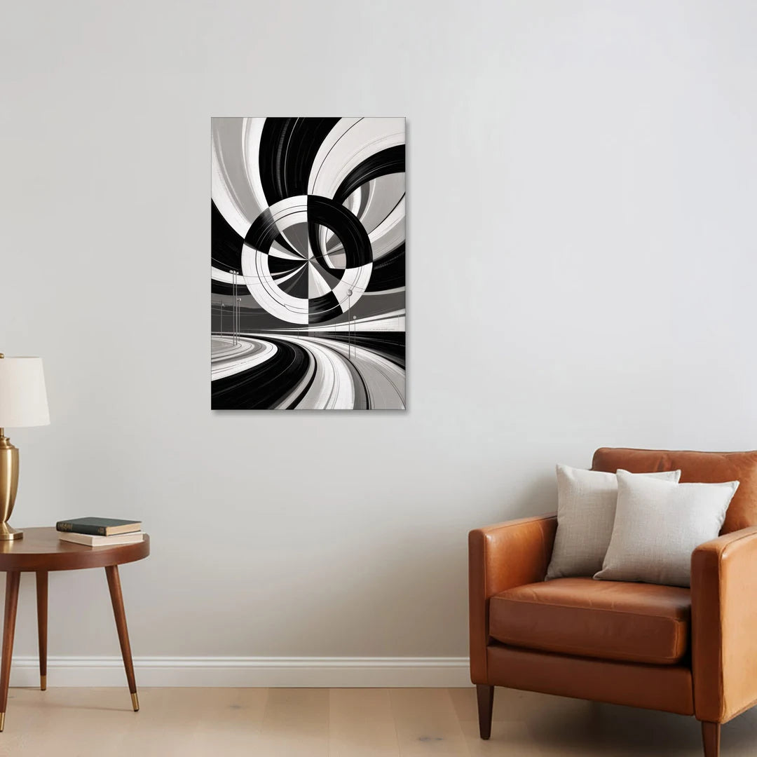 Dynamic Geometric Motion Black and White Abstract - Canvas Wall Art - Sofa - 24x36