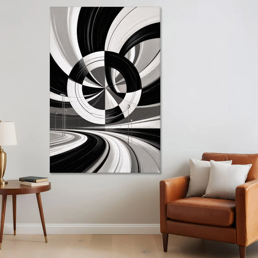 Dynamic Geometric Motion Black and White Abstract - Canvas Wall Art - Sofa - 40x60