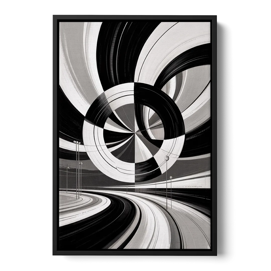 Dynamic Geometric Motion Black and White Abstract - Black Frame Canvas
