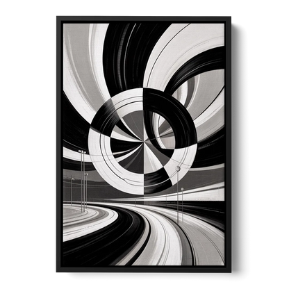 Dynamic Geometric Motion Black and White Abstract - Black Frame Canvas