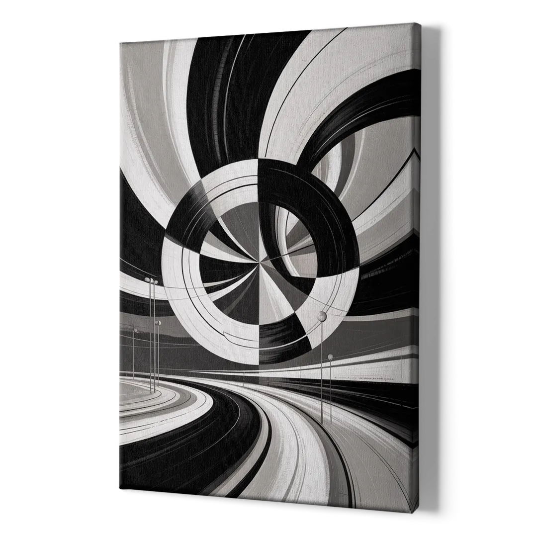 Dynamic Geometric Motion Black and White Abstract - Canvas Print Art Sides
