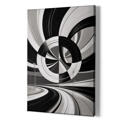 Dynamic Geometric Motion Black and White Abstract - Canvas Print Art Sides