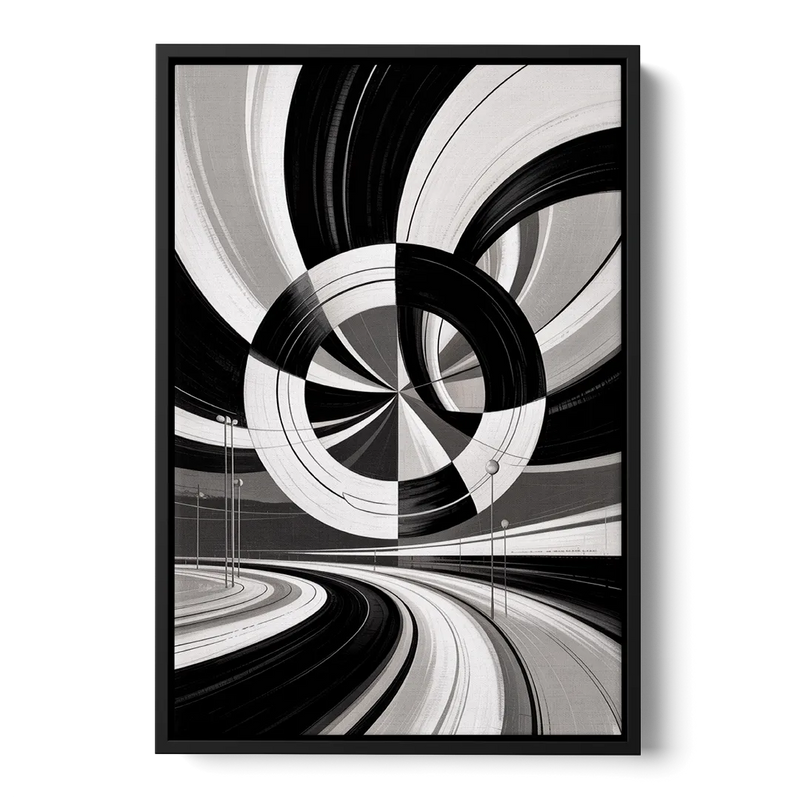 Dynamic Geometric Motion Black and White Abstract Front - Black Canvas Wall Art