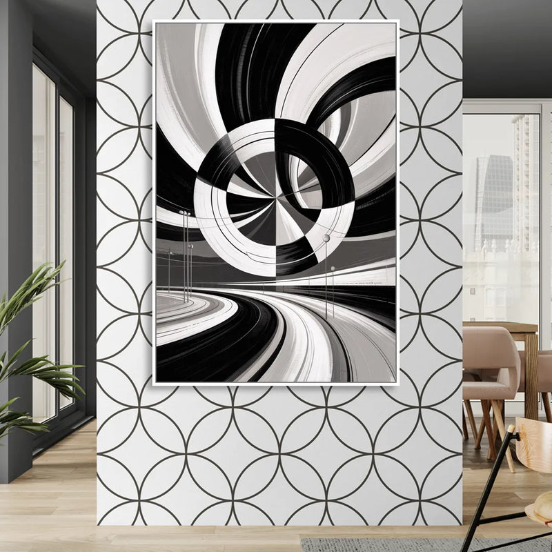 Dynamic Geometric Motion Black and White Abstract Sitting Room - White Canvas Wall Art