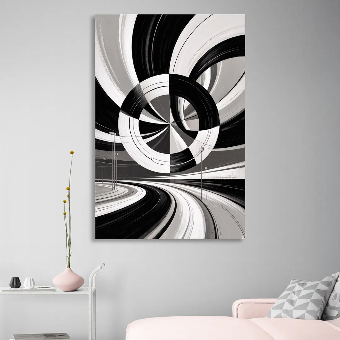 Dynamic Geometric Motion Black and White Abstract Sitting Room - Canvas Wall Art