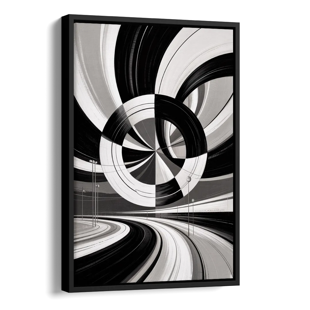Dynamic Geometric Motion Black and White Abstract Side - Black Canvas Wall Art