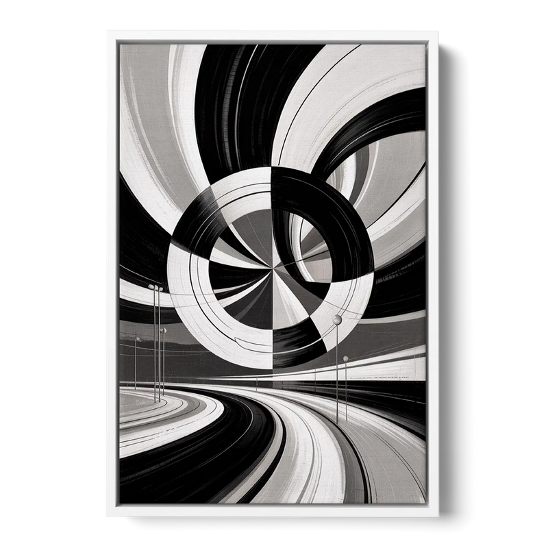 Dynamic Geometric Motion Black and White Abstract Front - White Canvas Wall Art