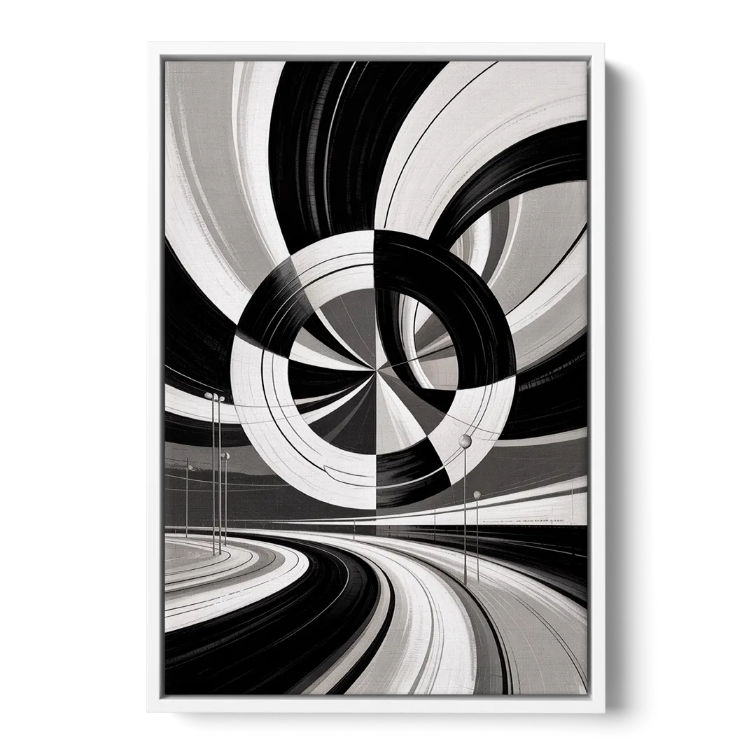 Dynamic Geometric Motion Black and White Abstract - White Frame Canvas