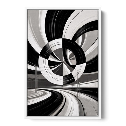 Dynamic Geometric Motion Black and White Abstract - White Frame Canvas