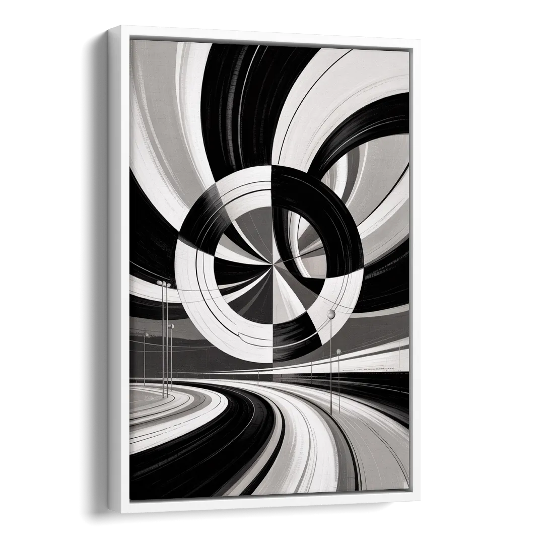 Dynamic Geometric Motion Black and White Abstract Side - White Canvas Wall Art