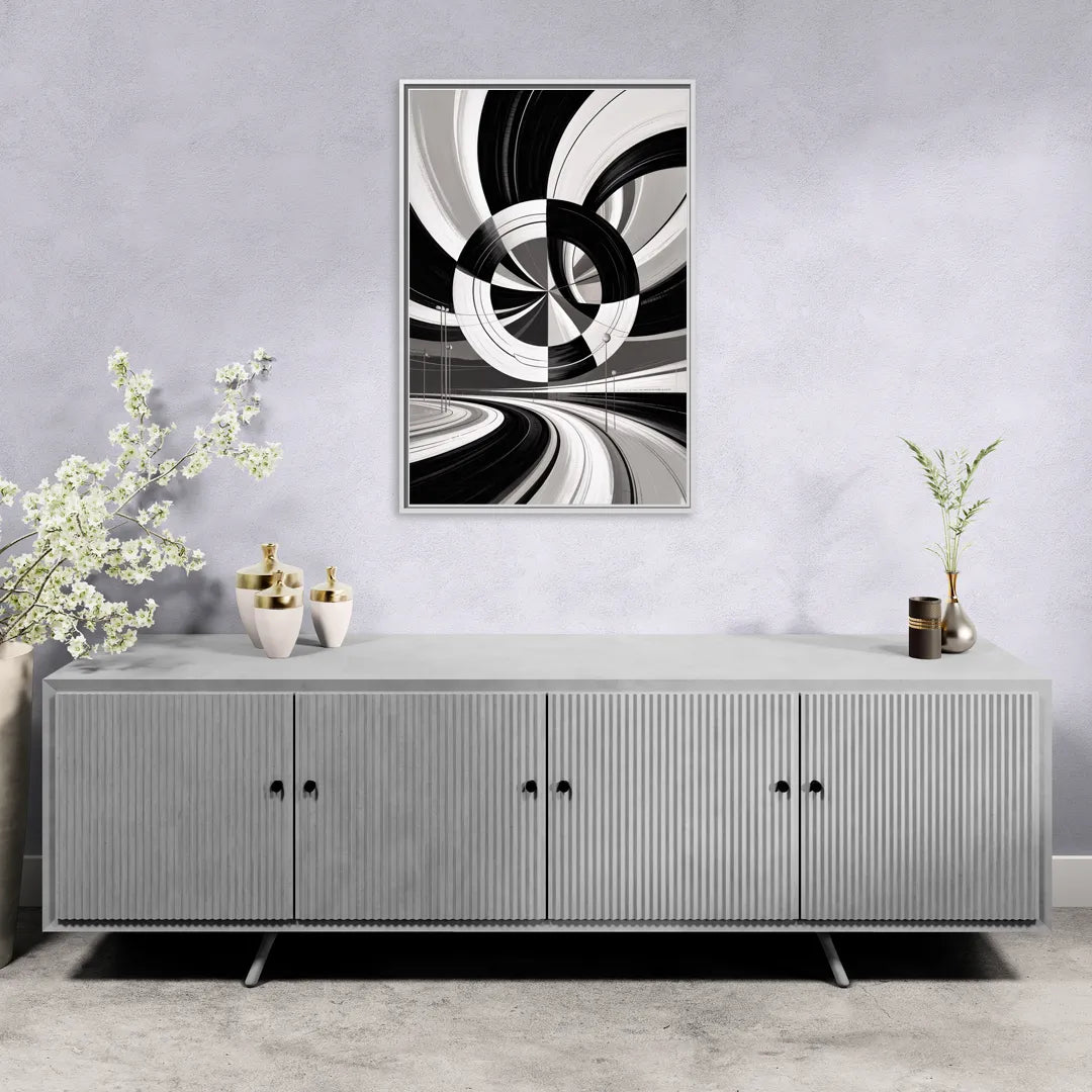 Dynamic Geometric Motion Black and White Abstract - Living Room White Frame Canvas