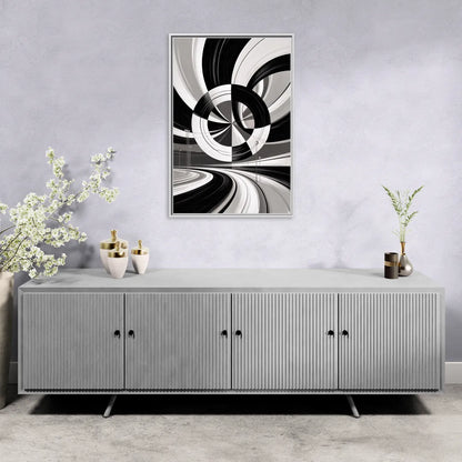 Dynamic Geometric Motion Black and White Abstract - Living Room White Frame Canvas