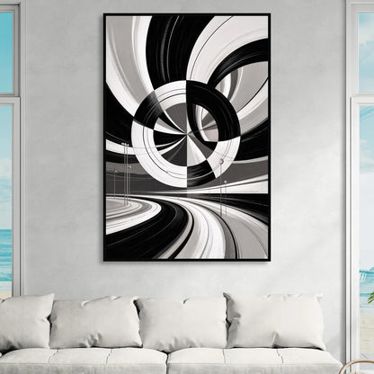 Dynamic Geometric Motion Black and White Abstract Sitting Room - Black Canvas Wall Art